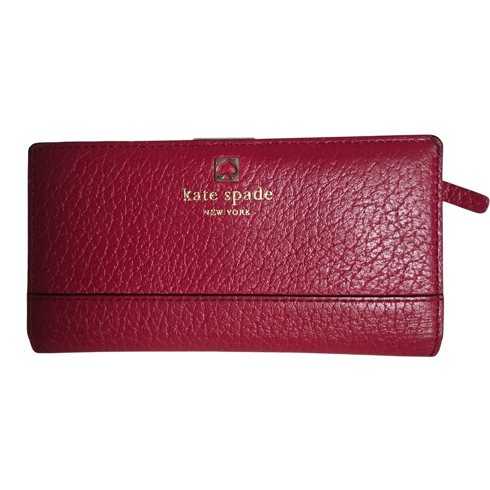 Kate Spade New York Bifold Wallet Red Pebbled Leather Slim Card Case ID Window